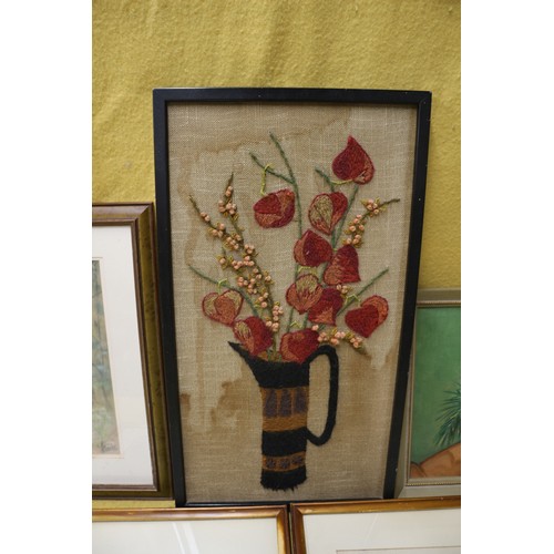 145 - Selection of Paintings, 2 x Signed plus a Stitch Work Piece Featuring Flowers in a Jug plus a Mirror