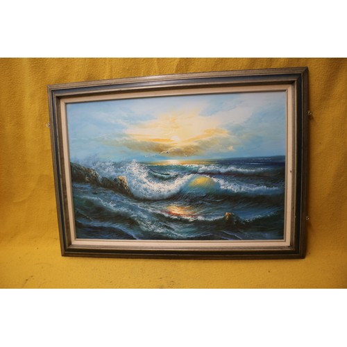 147 - Very Atmospheric Coastal Scene of Crashing Waves with Seagulls Flying over - Painted in Oil on Canva... 