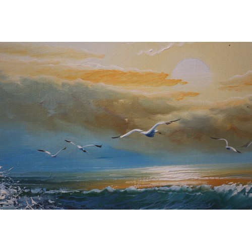 147 - Very Atmospheric Coastal Scene of Crashing Waves with Seagulls Flying over - Painted in Oil on Canva... 