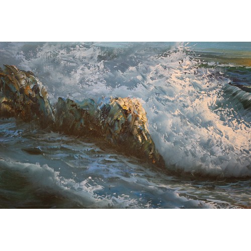 147 - Very Atmospheric Coastal Scene of Crashing Waves with Seagulls Flying over - Painted in Oil on Canva... 