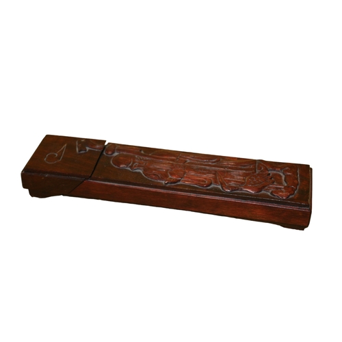 194 - Vintage Chinese Rosewood Chopstick Box with Deity and Heron Carving to Front Containing 16 Hand Carv... 