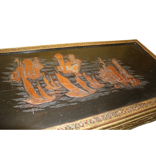 198 - Highly Decorated 1940's Era Oriental Table with Typical Oriental Scene on the Top, 103 x 44 cm