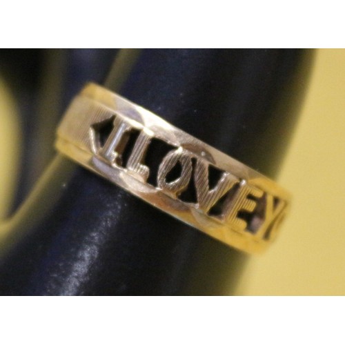 18 - Hallmarked 9ct 375 Gold 'I Love You' Band Ring, 3.1g Weight, Size S