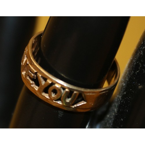 18 - Hallmarked 9ct 375 Gold 'I Love You' Band Ring, 3.1g Weight, Size S