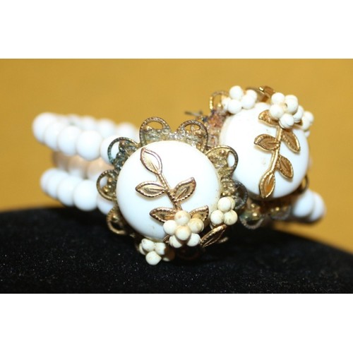 23 - 1970's Vintage Miriam Haskell White Bead Spiral Bracelet with Gold Filigree