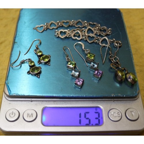 26 - 925 Silver Heart Design Bracelet plus 3 Sets of Silver Earrings, Each With Semi Precious Stones Set ... 