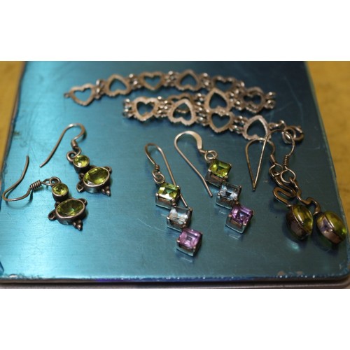 26 - 925 Silver Heart Design Bracelet plus 3 Sets of Silver Earrings, Each With Semi Precious Stones Set ... 