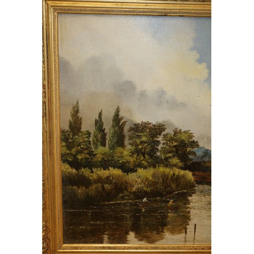 52 - Large Oil Painting in Gilt Frame - Titled River Life by Artist Terence Armstrong.