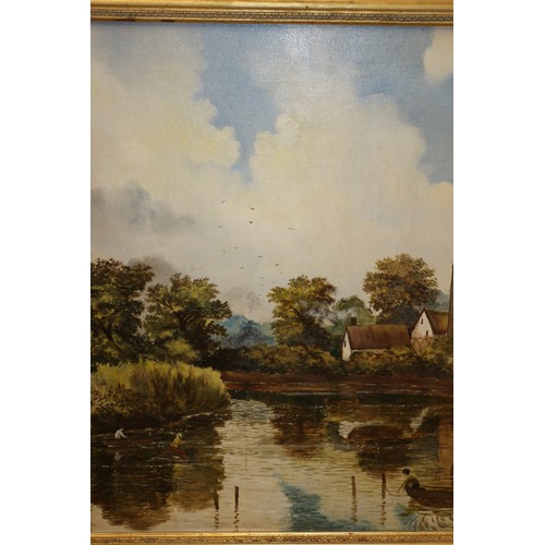 52 - Large Oil Painting in Gilt Frame - Titled River Life by Artist Terence Armstrong.