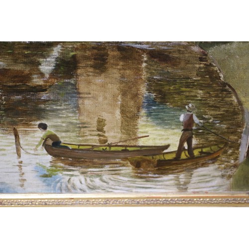 52 - Large Oil Painting in Gilt Frame - Titled River Life by Artist Terence Armstrong.