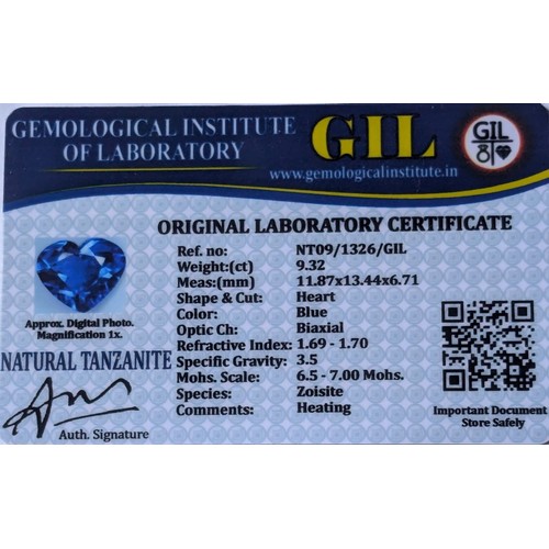 55 - Natural Tanzanite with GIL Certificate: - Weight: 9.32ct - Colour: Blue - Size: 11.87mm - Shape: Hea... 