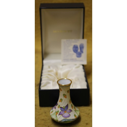 94 - Moorcroft 'Sweet Thief' Enamelled 2001 Boxed Vase, 8cm Tall, Including Paper Card, 1st Quantity