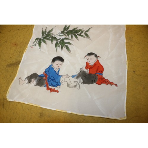 109 - Vintage Hand Painted Silk Chinese Napkin, 28cm x 28cm