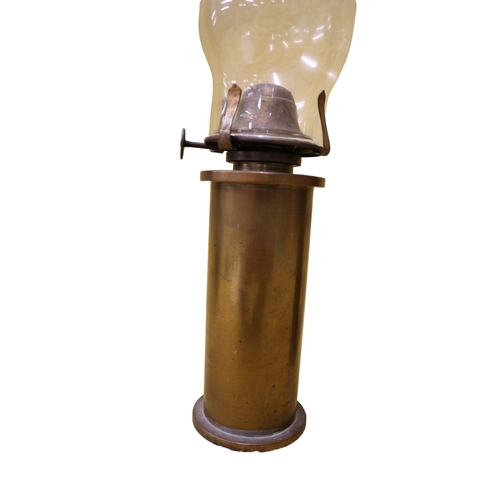 197 - 2 Trench Art Shell Converted Oil Lamps with Glass Flumes, Tallest is 36cm Tall