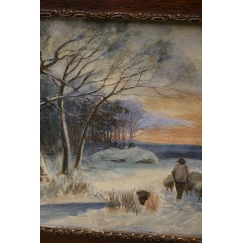 222 - Watercolour of Shepherd and Sheep in Unusual Solid Oak Frame, 39.5 x 49.5 cm