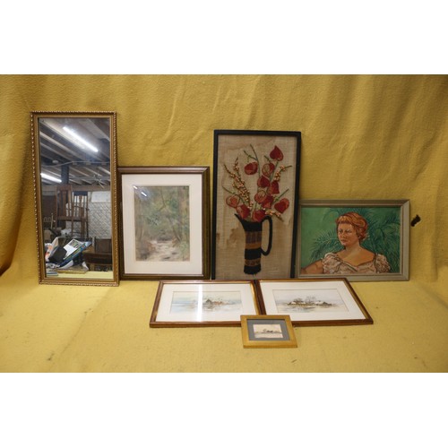 242 - Selection of Paintings, 2 x Signed plus a Stitch Work Piece Featuring Flowers in a Jug plus a Mirror