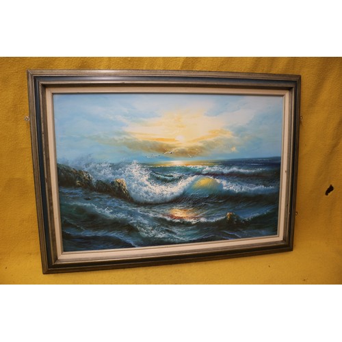 244 - Very Atmospheric Coastal Scene of Crashing Waves with Seagulls Flying over - Painted in Oil on Canva... 