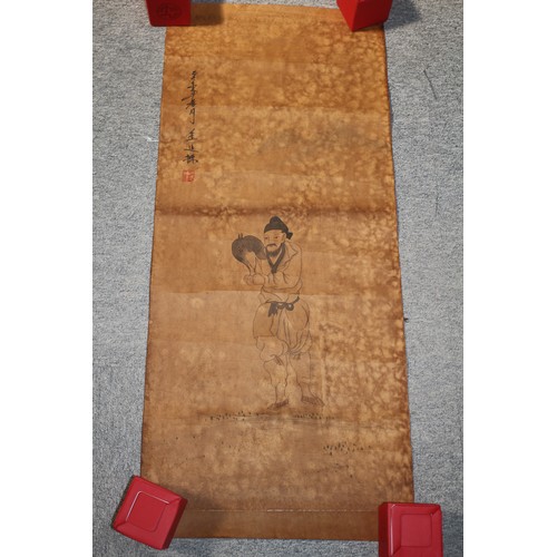 151 - Aged Chinese Scroll Depicting a Hawk Handler - Character Marks and Seal - 100 x 43cm