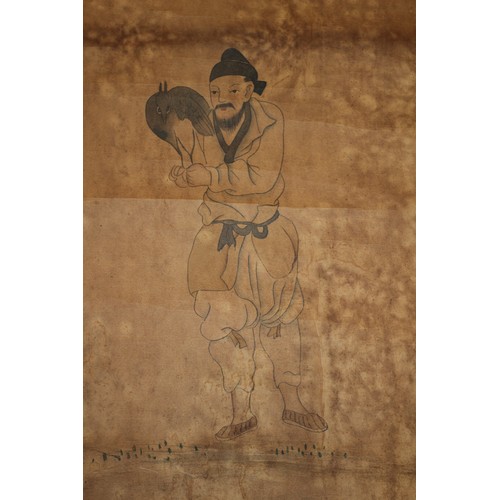 151 - Aged Chinese Scroll Depicting a Hawk Handler - Character Marks and Seal - 100 x 43cm