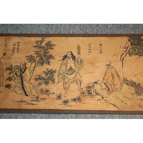 152 - Aged Chinese Landscape Story Scroll with Characters and Seal Mark - Hand Coloured - 3.7m in Length