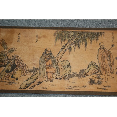 152 - Aged Chinese Landscape Story Scroll with Characters and Seal Mark - Hand Coloured - 3.7m in Length