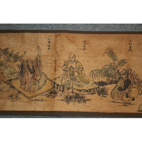 152 - Aged Chinese Landscape Story Scroll with Characters and Seal Mark - Hand Coloured - 3.7m in Length