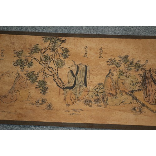 152 - Aged Chinese Landscape Story Scroll with Characters and Seal Mark - Hand Coloured - 3.7m in Length