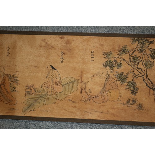 152 - Aged Chinese Landscape Story Scroll with Characters and Seal Mark - Hand Coloured - 3.7m in Length