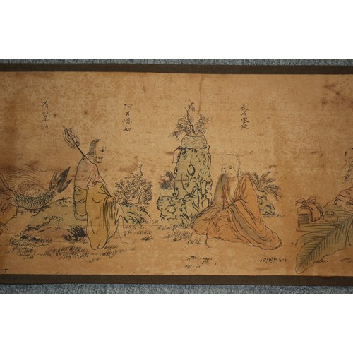 152 - Aged Chinese Landscape Story Scroll with Characters and Seal Mark - Hand Coloured - 3.7m in Length