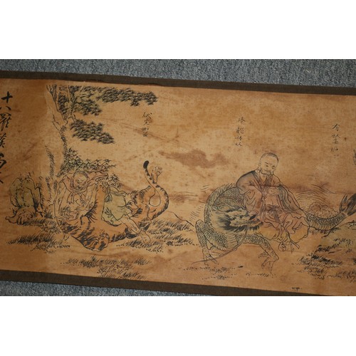 152 - Aged Chinese Landscape Story Scroll with Characters and Seal Mark - Hand Coloured - 3.7m in Length