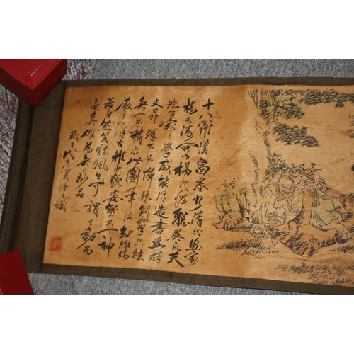 152 - Aged Chinese Landscape Story Scroll with Characters and Seal Mark - Hand Coloured - 3.7m in Length