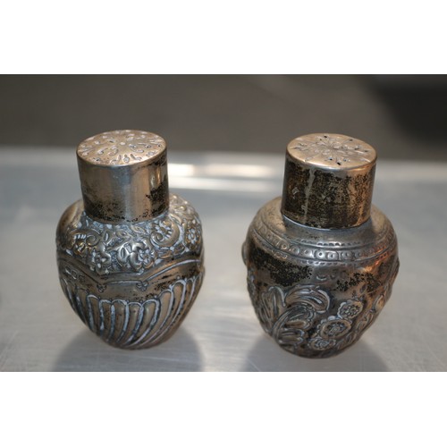 155 - Hallmarked London 1897 - Lidded Pots, (Possibly Salt & Pepper Pots), with Nice Patterns - 76.6gh... 