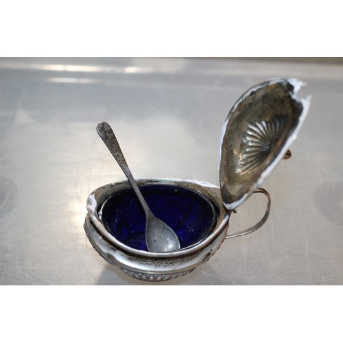 158 - Hallmarked Birmingham 1912 Silver Lidded Condiment Pot with Spoon and Blue Glass Liner - 65.7g