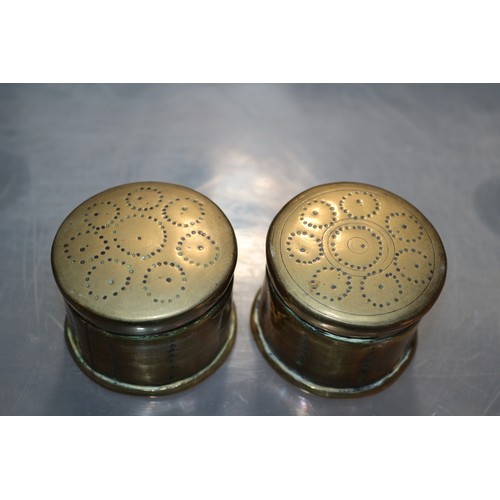 163 - Pair of Trench Art Lidded Brass Pots with Stamped Pin Work Design