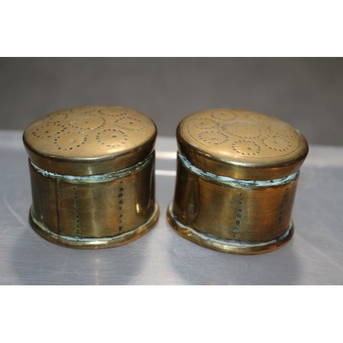 163 - Pair of Trench Art Lidded Brass Pots with Stamped Pin Work Design