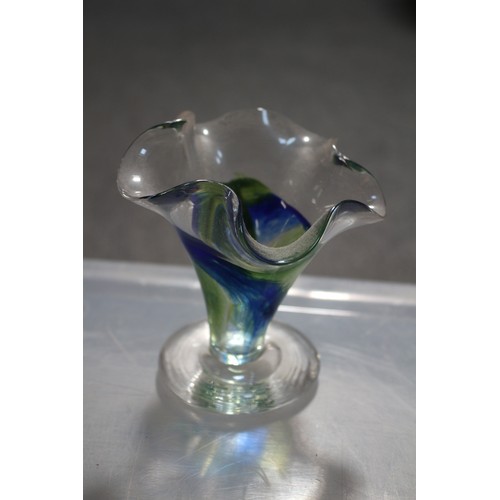 167 - Believed to be an Adrian Sankey Handkerchief Style Vase with Swirling Blue and Green Pattern and Bel... 