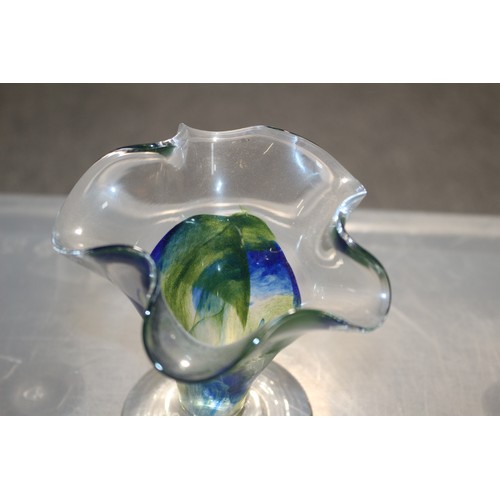 167 - Believed to be an Adrian Sankey Handkerchief Style Vase with Swirling Blue and Green Pattern and Bel... 