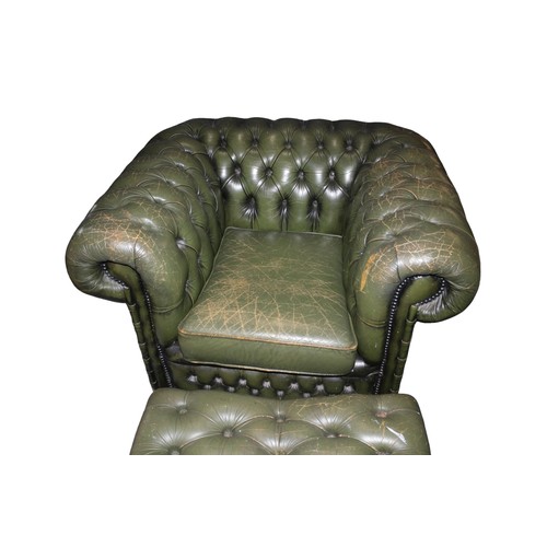 41 - Chesterfield Leather Chair plus Foot Stool in Green