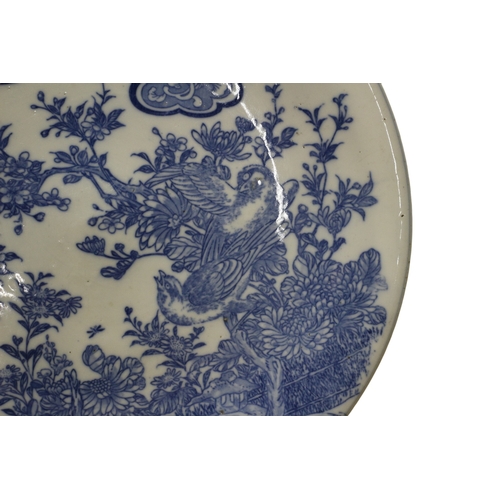 37 - Japanese Arita Blue and White Decorated Plate - Decorated with Bird and Blossom Design - 32cm Dia