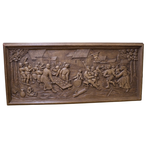 38 - Hand Carved Black Forest Oak Panel Depicting a Medieval Market Scene with Couples Dancing, Musicians... 