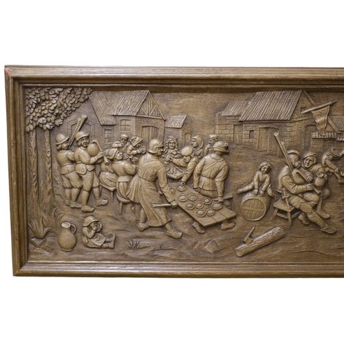 38 - Hand Carved Black Forest Oak Panel Depicting a Medieval Market Scene with Couples Dancing, Musicians... 