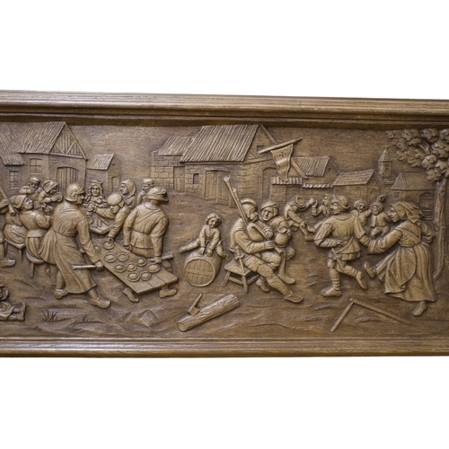 38 - Hand Carved Black Forest Oak Panel Depicting a Medieval Market Scene with Couples Dancing, Musicians... 