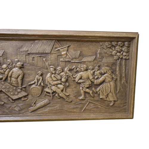 38 - Hand Carved Black Forest Oak Panel Depicting a Medieval Market Scene with Couples Dancing, Musicians... 