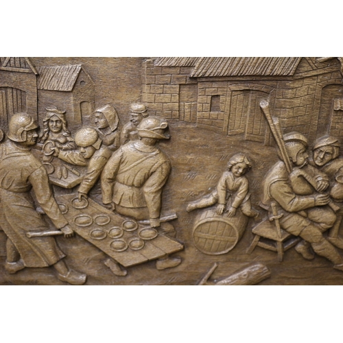 38 - Hand Carved Black Forest Oak Panel Depicting a Medieval Market Scene with Couples Dancing, Musicians... 