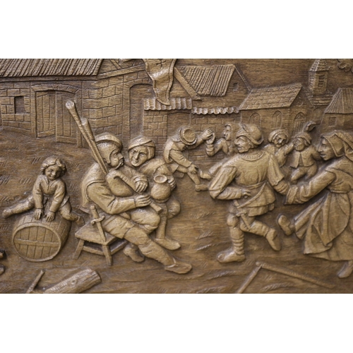 38 - Hand Carved Black Forest Oak Panel Depicting a Medieval Market Scene with Couples Dancing, Musicians... 