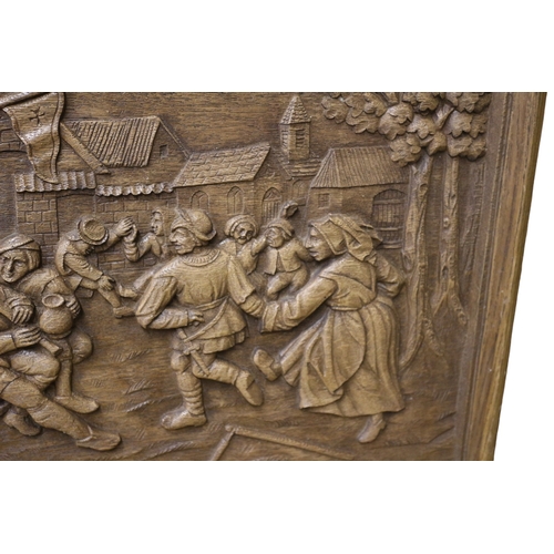 38 - Hand Carved Black Forest Oak Panel Depicting a Medieval Market Scene with Couples Dancing, Musicians... 