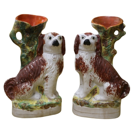 39 - Pair of Victorian Staffordshire Flat Back Spill Vases in the Style of Spaniel Dogs - 34cm Tall