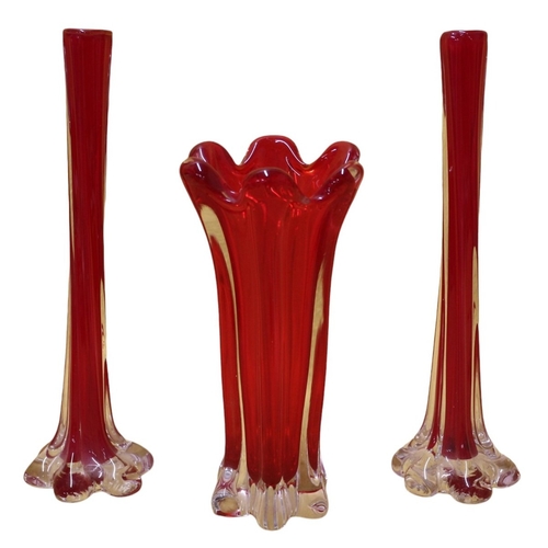 40 - 3 x Deep Red Coloured Glass Vases including a Large Finger Design plus 2 Single Stem Vases - Tallest... 