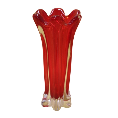 40 - 3 x Deep Red Coloured Glass Vases including a Large Finger Design plus 2 Single Stem Vases - Tallest... 