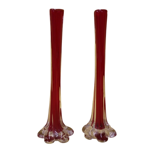 40 - 3 x Deep Red Coloured Glass Vases including a Large Finger Design plus 2 Single Stem Vases - Tallest... 